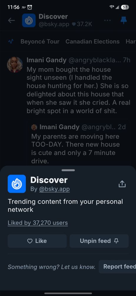 Description of Discover feed as pop up in front of the feed itself. Description says "Trending content from your personal network".