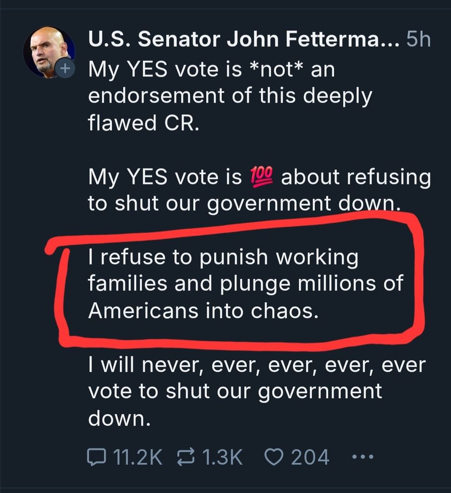 Senator Fetterman's statement on voting Yes for cloture on the continuing resolution with one paragraph outlined in red: "I refuse to punish working families and plunge millions of Americans into chaos."
