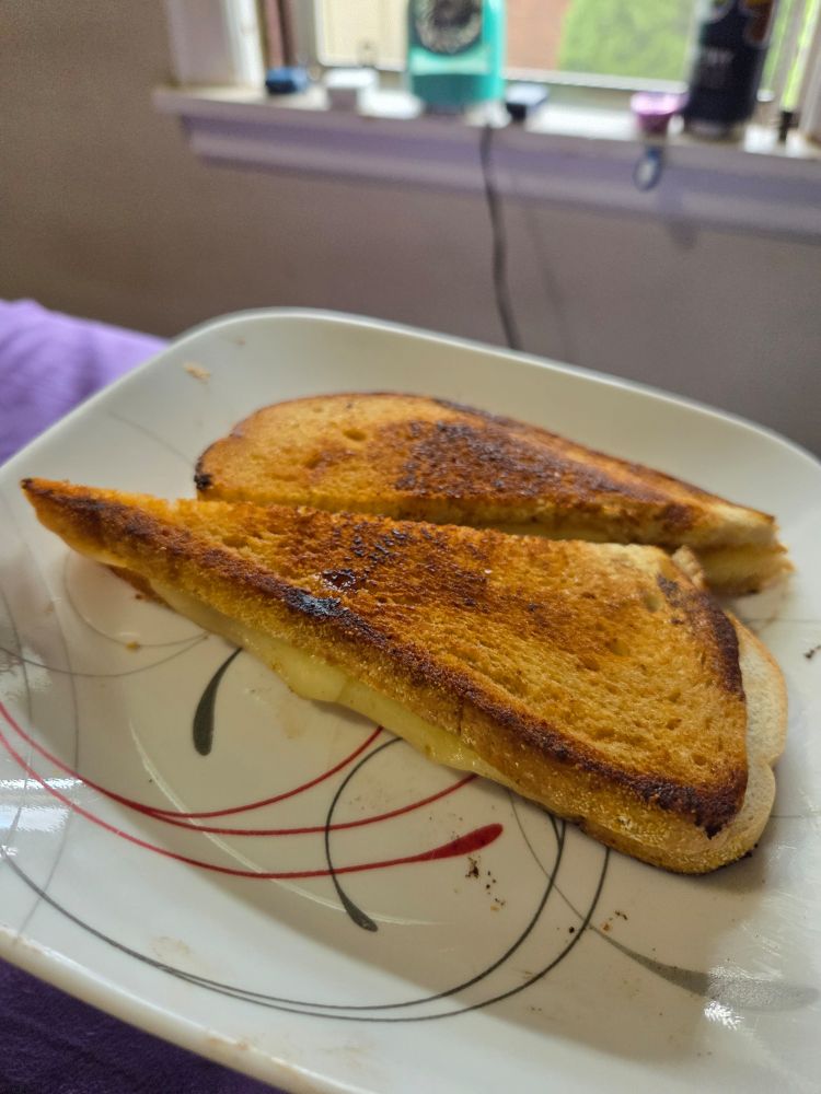 Grilled cheese sandwich on rectangular sourdough bread, cut diagonally into two long triangles. Melting cheese droops over the edges of the bread. 