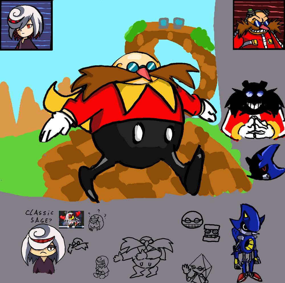 Canvas with Dr.Eggman running around Green Hill, Metal Sonic, and a classic interpretation of Sage from Sonic The Hedgehog
also orbot cubot and tribot i guess