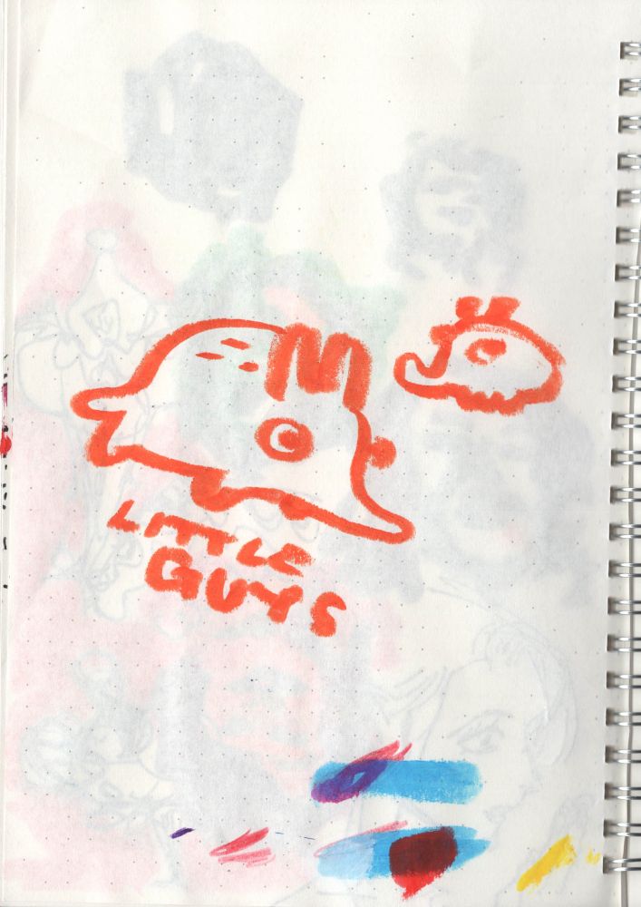 Sketchbook page with an orange line drawing of 2 chunky shrew-like animals and the words "Little Guys"
