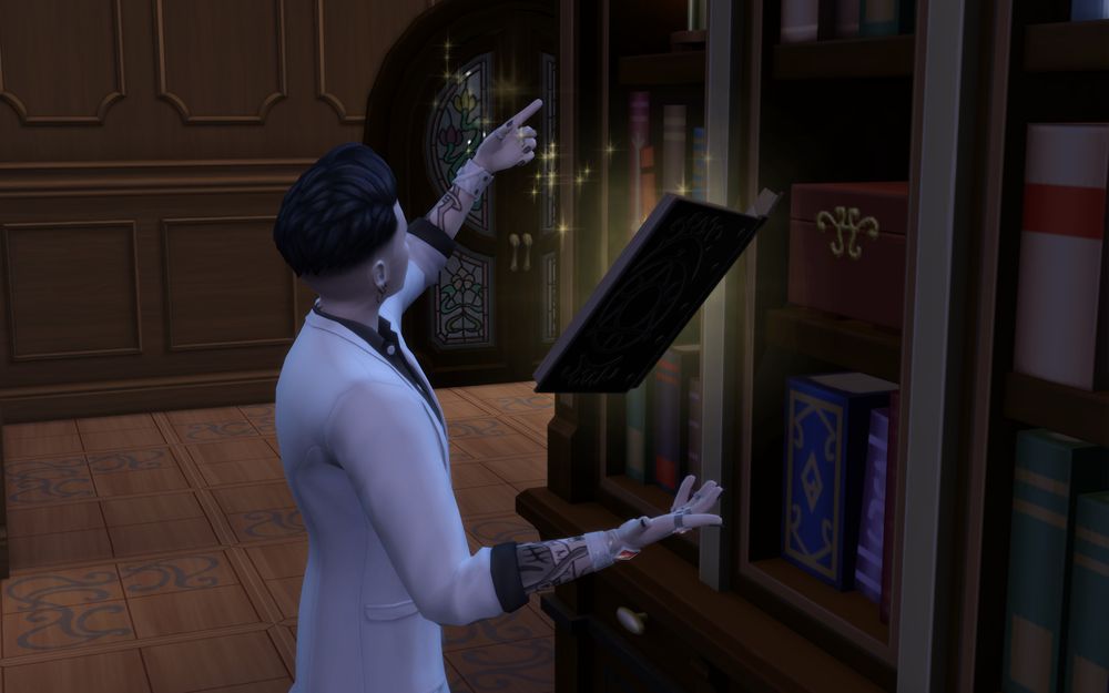 Ahriman hovers the tome with one hand and tries to use a spell with his other hand without creating sparkles, but he creates sparkles.