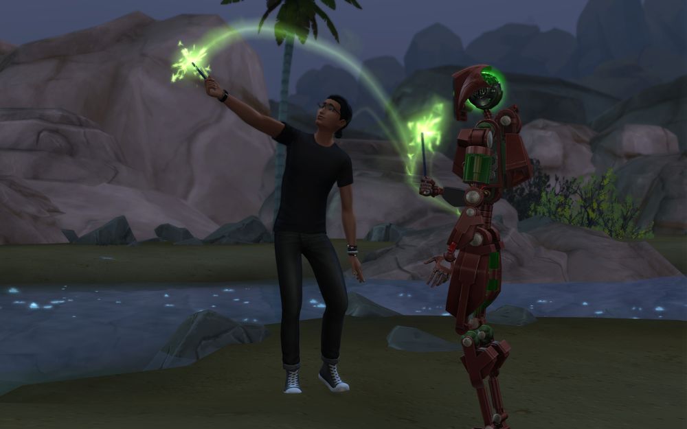 Beren swings his arm through the air, making the sparkler leave a trail of light behind itself.