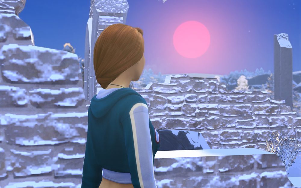 Andrew and Louise are in the ruins. Louise sees the sun on the other side of the broken castle walls. The sun has started to set and looks pink.