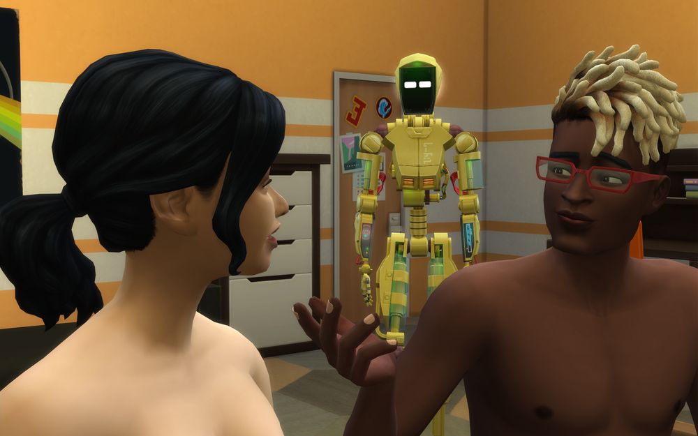 Cameron looks at and gestures towards Daisy.