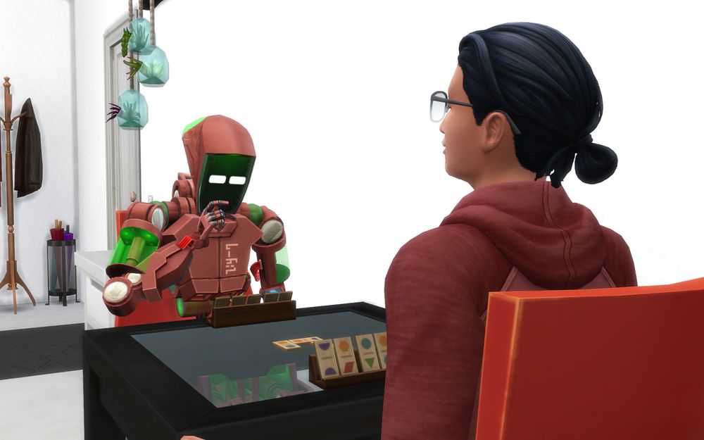 Melon holds their index finger to their chin and look at their Simbles pieces.