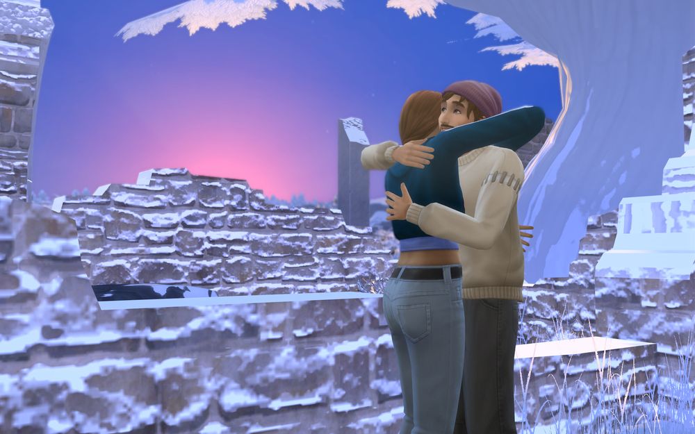 Louise gives Andrew a hug. Andrew smiles. The sun has just lowered below the horizon, making the sky dark blue, purple, and pink, like an upside down bi flag.