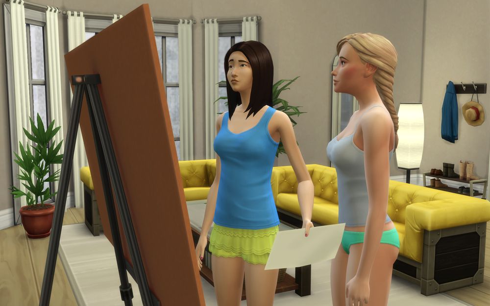 Liberty looks at her presentation board in confusion. Summer, who's wearing underwear, comes up to Liberty.