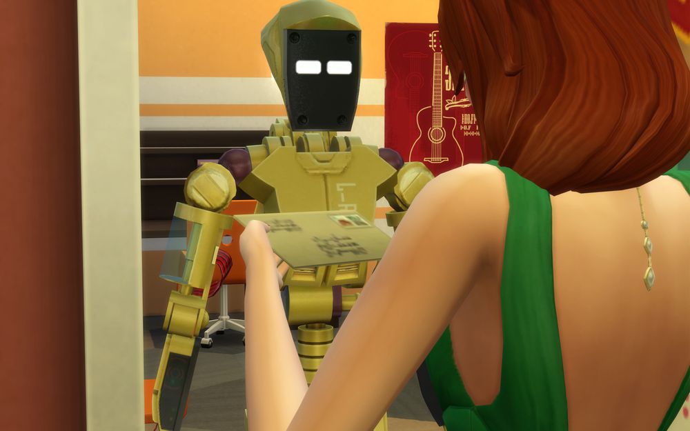 Goldie has opened the door to their room and receives a letter from an unknown woman with long, red hair, wearing a mask covering the upper part of her face and a long, green dress.