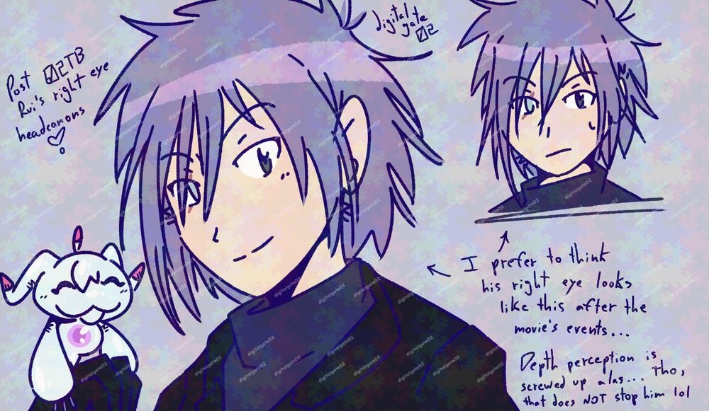 This possibly happened in his early twenties, or mid twenties. Somehow he discovered he has some skill to sneak into places thanks to the Tokyo Tower incident, even though his depth perception is screwed up (as mentioned previously) yet this didn't stop him. He's quite stubborn and decided to take the role as the first Chosen Child too seriously and keep himself involved with the Digimon and the Chosen Children Network in general. So is he just... some private eye kind of person? I'd say yes, he possibly runs his own investigations when something bugs him, but never alone. Oh, i don't mean Ukkomon, i mean he definitely goes to ask Daisuke and the others for help.

After getting his injured eye back... Due to the exposition to Ukkomon's eye for almost a decade, Rui developed some sort of special ability to sense unstable digimon data, or Digital Gates. While this started as some sort of new annoyance for him, he learned to take use of it at his and everyone's favor, thanks to Hikari's advice and help. The group kinda joke about him being another ESP-er after Hikari, and now he just accepts it. Maybe it's his new cool trait and it could assist everyone in order to protect innocent lives from bad guys.