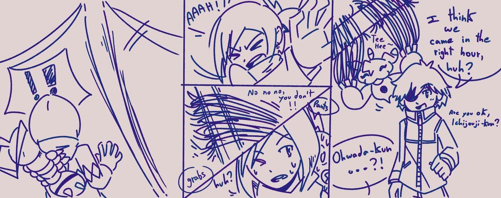 [Thanks to Triceramon's rampage, a light pole is about to fall on Ken & Wormmon]
Ken: !!
Ken/Wormmon:  AAAH!! [both close their eyes, waiting for the worst]
???: No no no, you don't!! [tentacles grab the light pole before it hits Ken & Wormmon]
Ken: [pants, opens one eye] Huh?
Ukkomon: Tee-hee~
Rui: I think we came in the right hour, huh?
Rui: Are you ok, Ichijouji-kun?
Ken: Ohwada-kun...?!