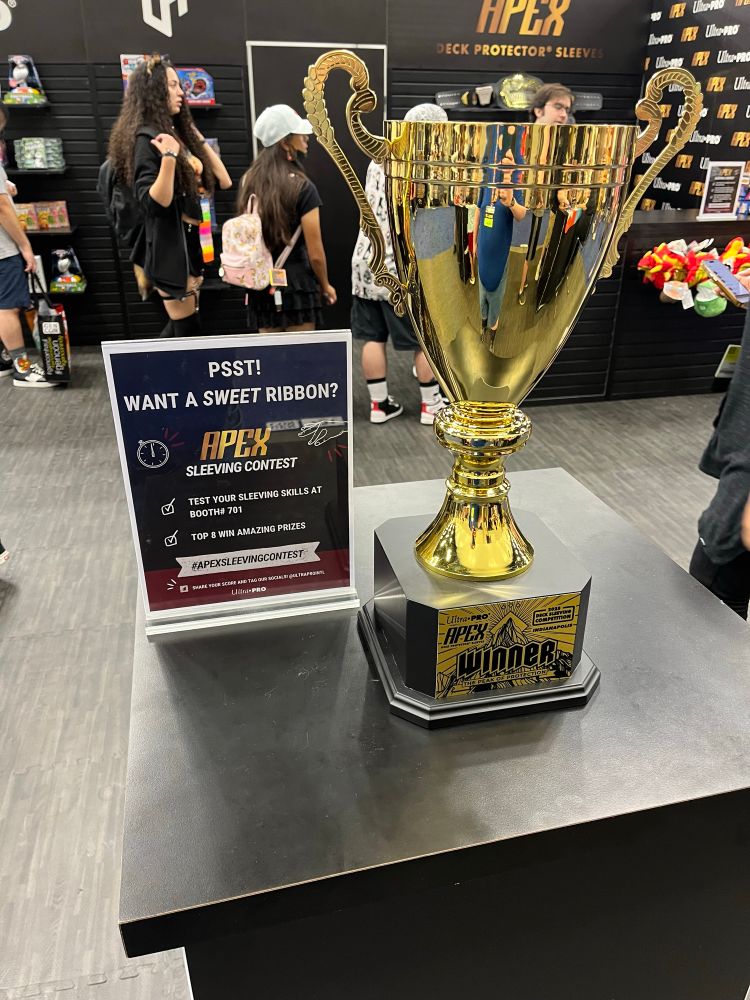 A picture of the 2025 GenCon Apex Sleeving Contest championship trophy