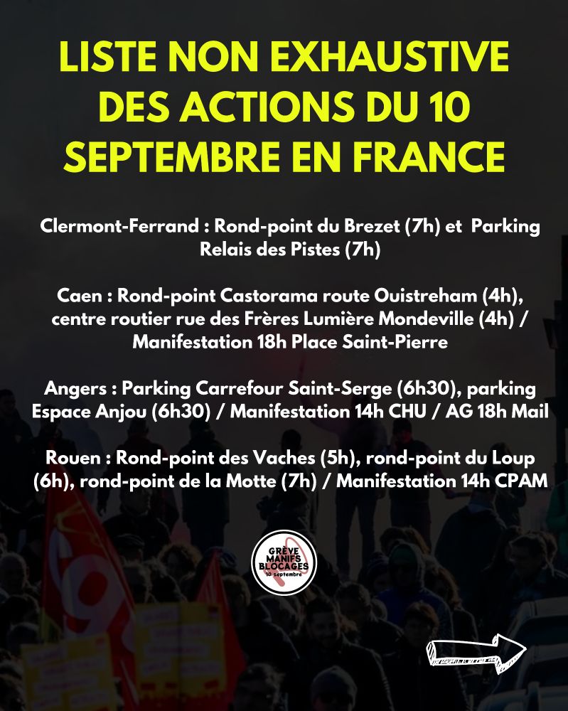 Clermont-Ferrand : Rond-point du Brezet (7h) et  Parking Relais des Pistes (7h)

Caen : Rond-point Castorama route Ouistreham (4h), centre routier rue des Frères Lumière Mondeville (4h) / Manifestation 18h Place Saint-Pierre

Angers : Parking Carrefour Saint-Serge (6h30), parking Espace Anjou (6h30) / Manifestation 14h CHU / AG 18h Mail

Rouen : Rond-point des Vaches (5h), rond-point du Loup (6h), rond-point de la Motte (7h) / Manifestation 14h CPAM
