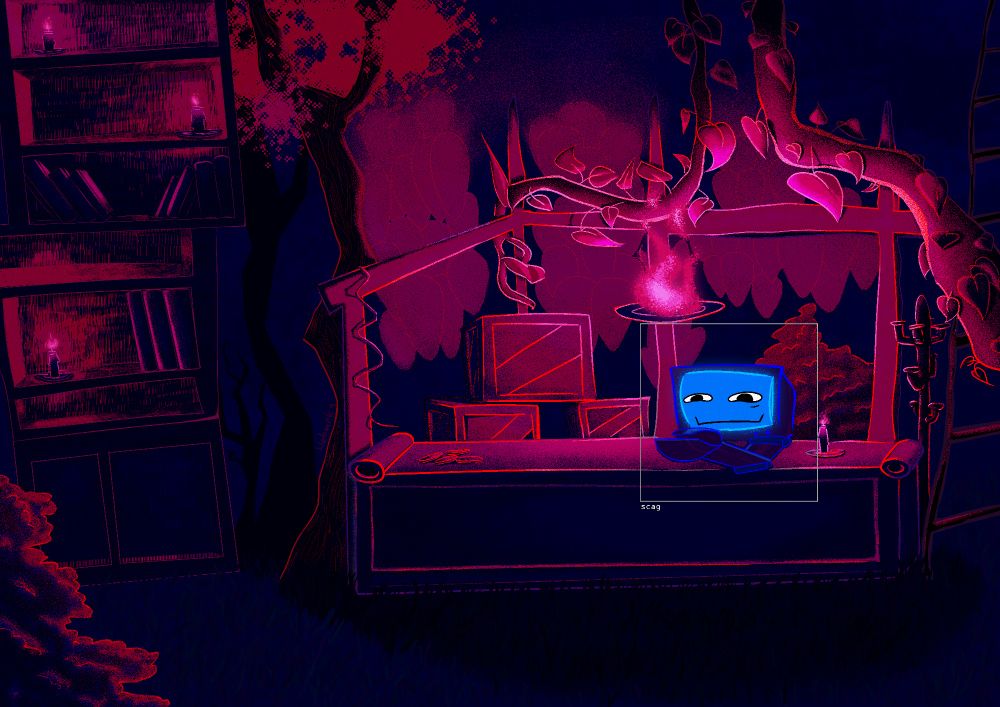 ts took me way too much time 
scag menacemaxxing in nullscape lobby spot (inaccuratecore bc i want to)
she's framed in a square like entities under specific effect in game
it's all pink and dark blue idk