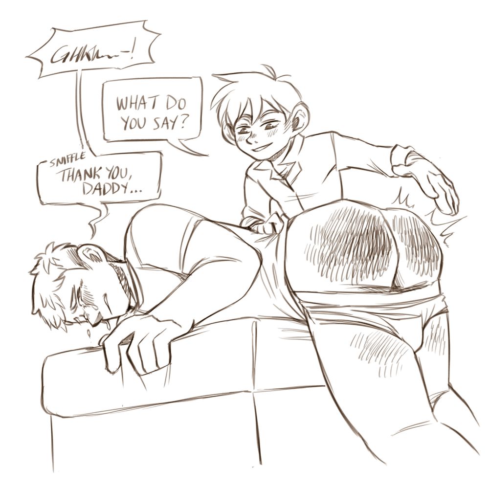 A digital sketch image of Laios and Chilchuck from Dungeon Meshi. Laios is leaned over a cushion with his underwear down, crying, and Chilchuck is stood behind him, spanking his backside which looks sore. They are saying 'Ghhhk...!' 'What do you say?' '[sniffle] Thank you, daddy.'