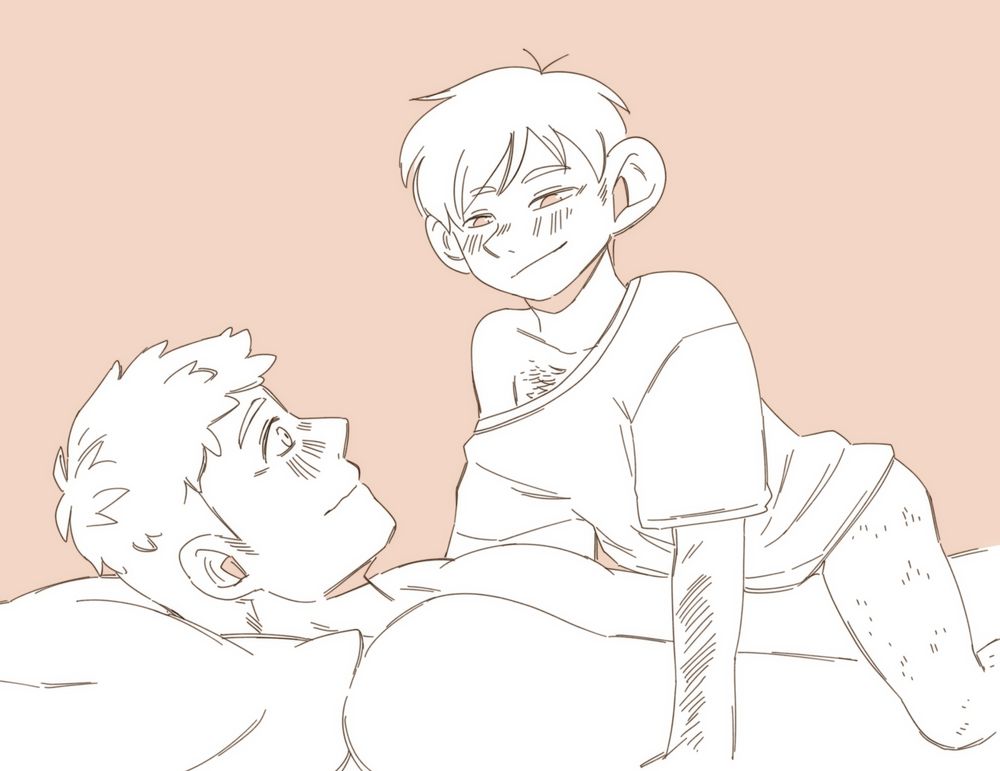 A digital image of Chilchuck and Laios from Dungeon Meshi. Chilchuck is straddling Laios and is wearing an oversized shirt that is falling off his shoulder. Chilchuck looks smug. Laios is on his back and looks pleased but flustered. The background is peach, the characters are uncoloured.