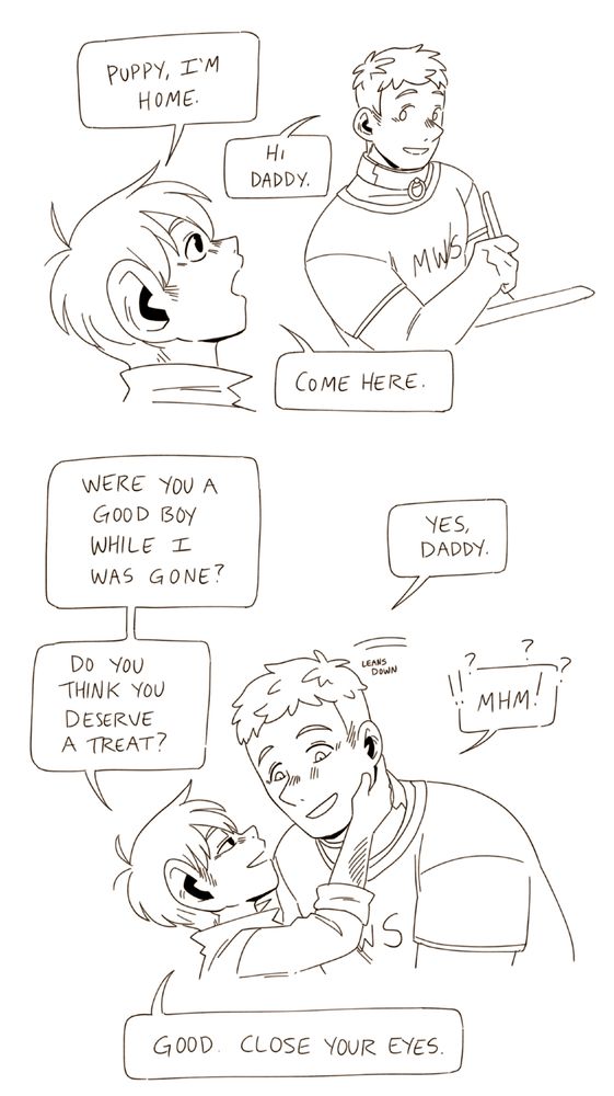 A digital comic of Laios and Chilchuck from Dungeon Meshi. Chilchuck walks in saying 'Puppy, I'm home.' Laios is wearing a collar, he looks up from drawing and says 'Hi Daddy.' Chilchuck says 'Come here.' Laios comes over and leans down to him. Chilchuck reaches up to cup his cheek and says 'Were you a good boy while I was gone?' Laios says 'Yes, Daddy.' Chilchuck says 'Do you think you deserve a treat?' Laios says 'Mhm!' and his word bubble is surrounded by exclamation points and question marks. Chilchuck says 'Good. Close your eyes.' The image is uncoloured.