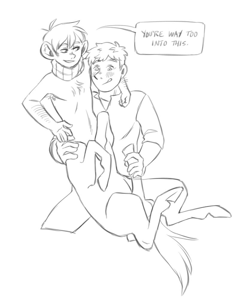 A digital sketch of Chilchuck and Laios from Dungeon Meshi. Laios is a human and has centaur Chilchuck sat in his lap. Laios is enthusiastically stroking Chilchuck's penis, while Chilchuck grins and is saying 'You're way too into this.' The image has no colour.