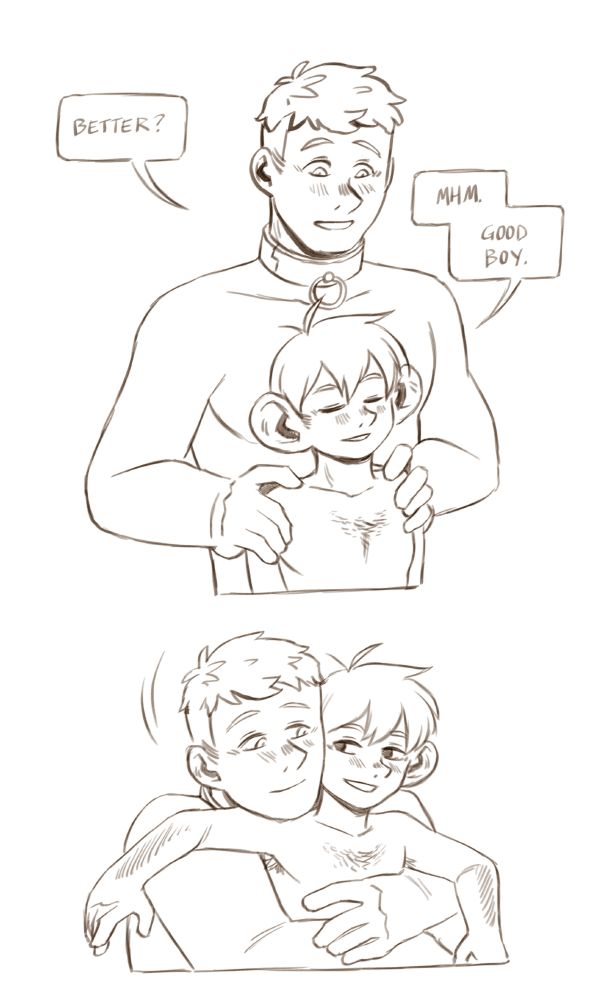 A two part digital sketch of Laios and Chilchuck from Dungeon Meshi. On the top Laios is giving Chilchuck a backrub. Laios is wearing a collar. Laios asks 'Better?' and Chilchuck says 'Mhm. Good boy.' On the bottom, Laios is hugging Chilchuck and nuzzling his cheek. Both of them look happy and blushy. 