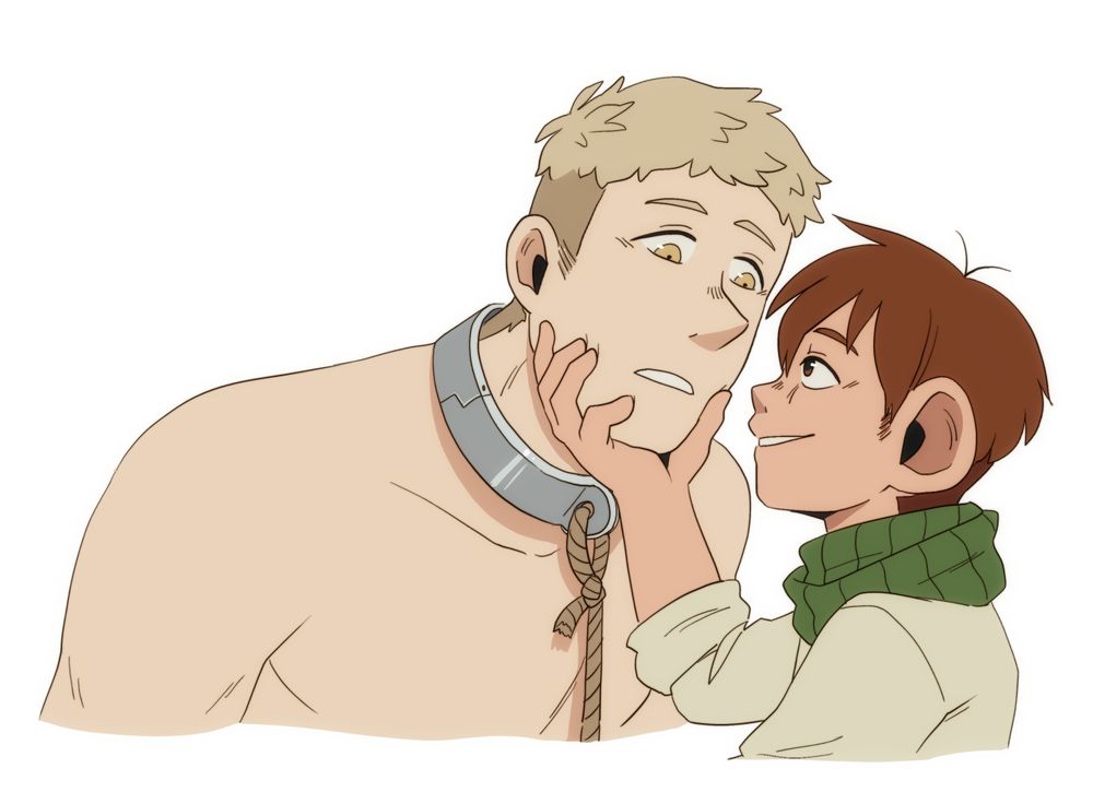 A digital image of Chilchuck and Laios from Dungeon Meshi. Laios is topless and wearing a metal collar with a rope attached and looks slightly startled. Chilchuck is holding Laios' chin, bringing their faces close together, and Chilchuck is grinning.