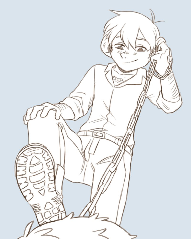 A digital sketch of Chilchuck from Dungeon Meshi. He is smirking, stood over what appears to be the top of Laios' head, his boot raised as if to step on him. He is holding a chain lead that appears to be attached to Laios. The characters are uncoloured, the background is light blue grey.