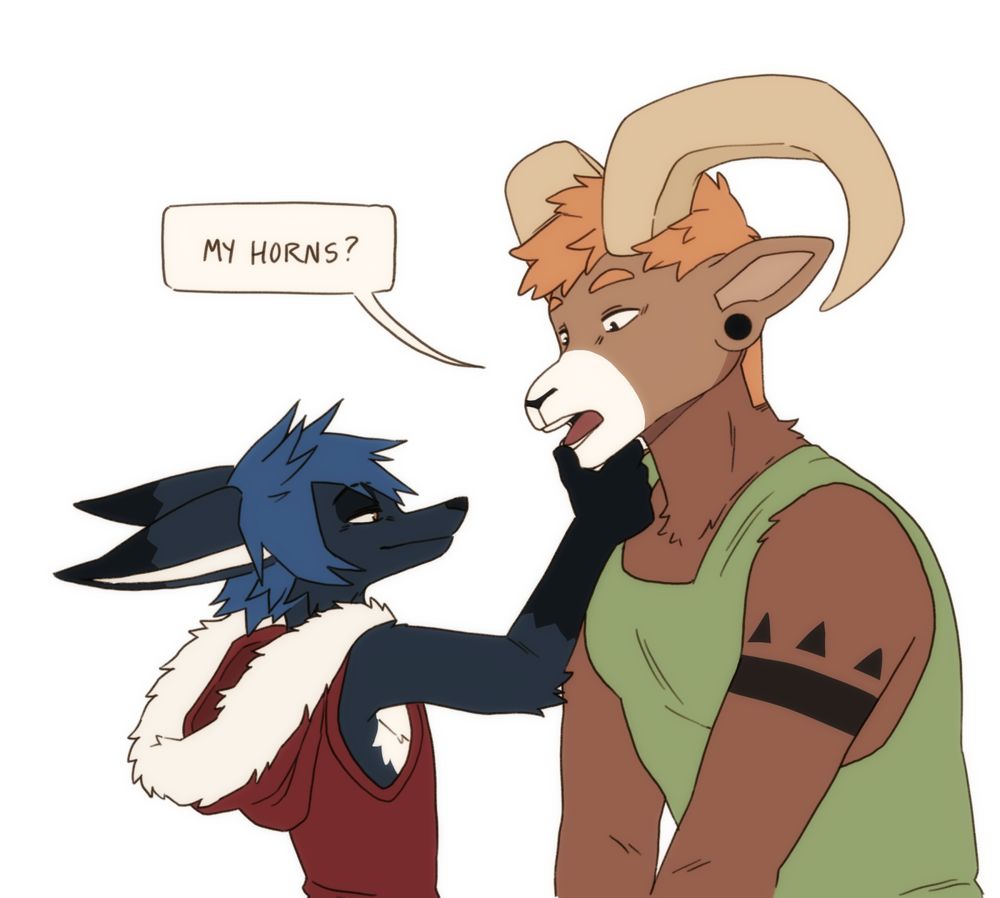 A digital image of two anthropomorphic men, a black and blue fox, and a ginger bighorn ram. The fox is cupping the ram's chin and looking up at him with a smirk. The ram is looking down with passive body language and is saying 'My horns?'