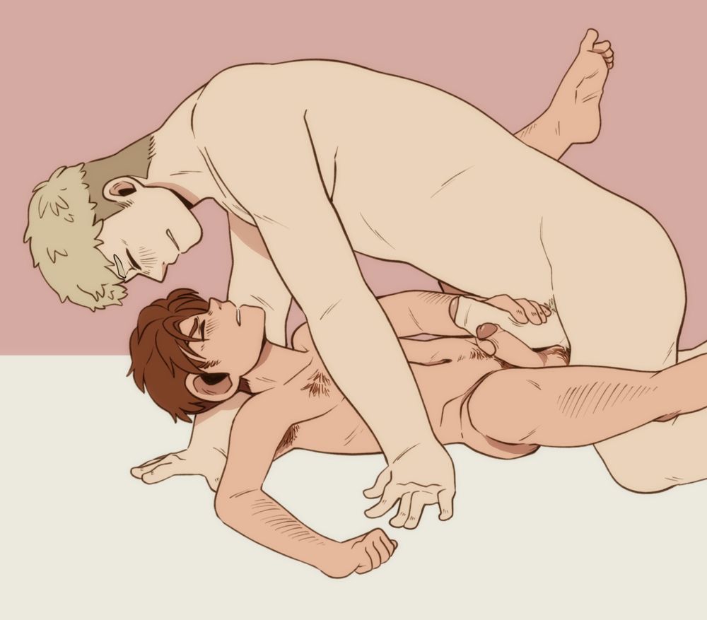 A digital image of Chilchuck and Laios from Dungeon Meshi. They are both naked and are frotting, Laios is leaning over Chilchuck, and Chilchuck's hand is around their penises. 