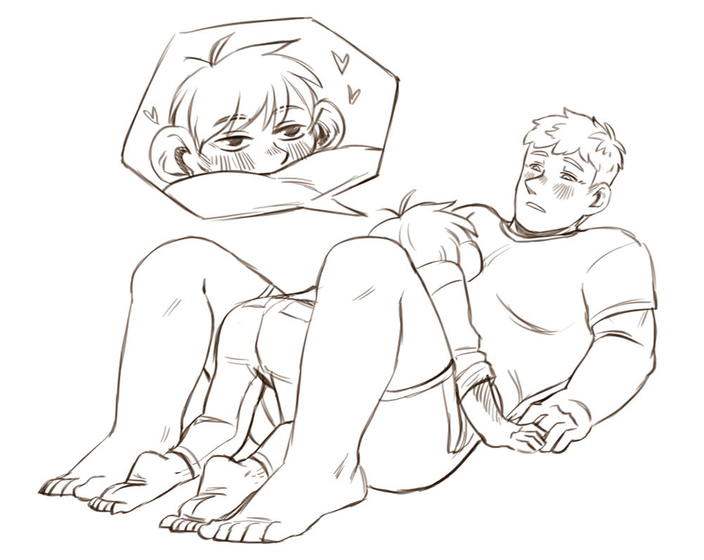 A digital sketch of Chilchuck and Laios from Dungeon Meshi. Laios is on his back, with Chilchuck knelt between his legs, their bodies pressed together. They are both clothed. There is a close up of Chilchuck's face, blushing and looking up at Laios through his pecs. The image is uncoloured.