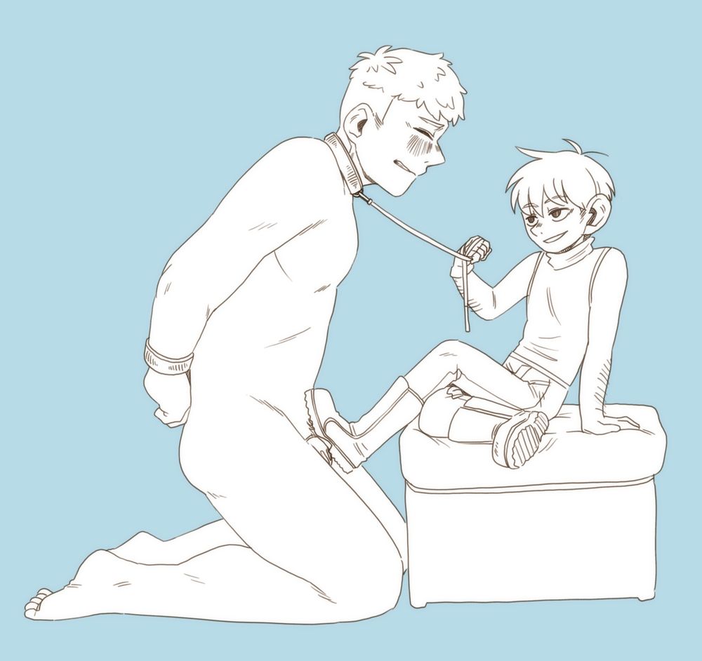 A digital image of Chilchuck and Laios from Dungeon Meshi. Chilchuck is clothed and sat on a cushioned seat. Laios is knelt naked in front of him, wearing a collar, a cock cage, and his wrists are bound behind his back. Chilchuck is holding Laios' leash and is pressing one of his boots onto his caged penis. Chilchuck is grinning up at him, Laios is blushing and grimacing. The image is uncoloured.