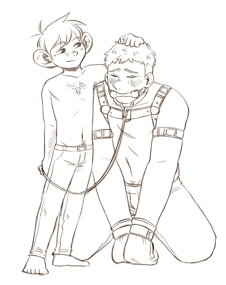 A digital sketch of Laios and Chilchuck from Dungeon Meshi. Laios is knelt on the ground, he is wearing a leather chest harness, puffy petplay mitts, a bar gag, and a collar. Chilchuck is stood beside him, he is holding a leash attached to Laios' collar, and has his other hand clenched in his hair. The image is uncoloured.