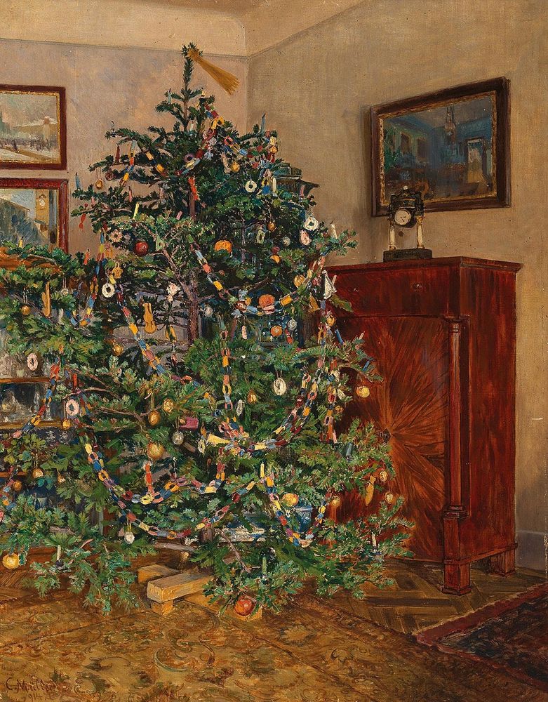 🖼️ Weihnachtsbaum, C Müller, 1914. 
Painting of decorated Christmas tree in corner of room with large cupboard to one side and framed paintings on wall behind on the other side.