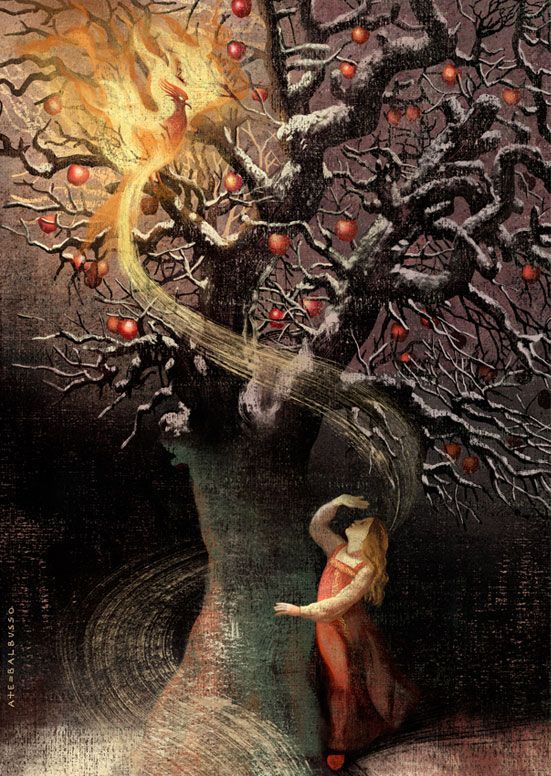 Artwork of a woman looking at a phoenix sitting in a tree. Red apples, leafless snow-covered branches.