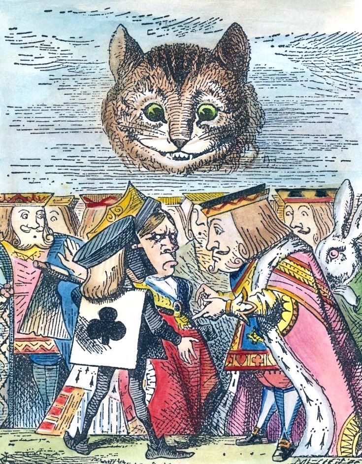 🖼️ Tenniel
An illustration from Lewis Carroll's Alice's Adventures in Wonderland, featuring the Cheshire Cat's disembodied head floating above the King and Queen of Hearts, the White Rabbit, and other characters. 
