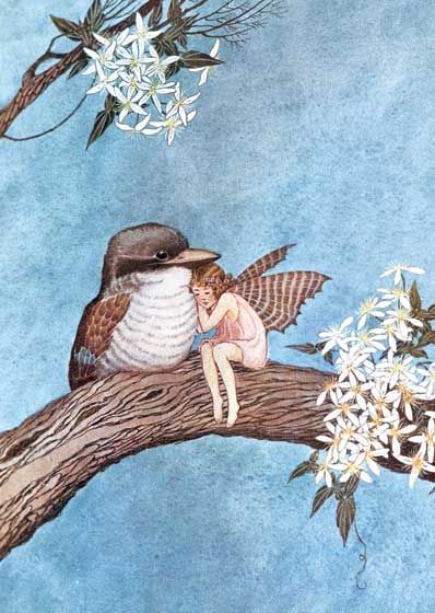 Cute illustration of a fairy leaning against a bird. They're sitting on a tree branch. 