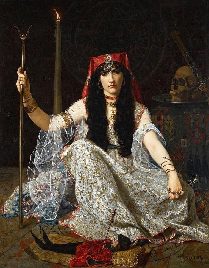 Painting by Georges Merle. Title: the sorceress. Woman with long black hair looking at the viewer wearing a white/goldenish gown. Red headgear. She's holding a staff. Skull in the background.