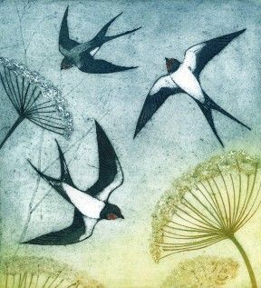 Artwork of swallows and dandelions. light blue and green background colours.