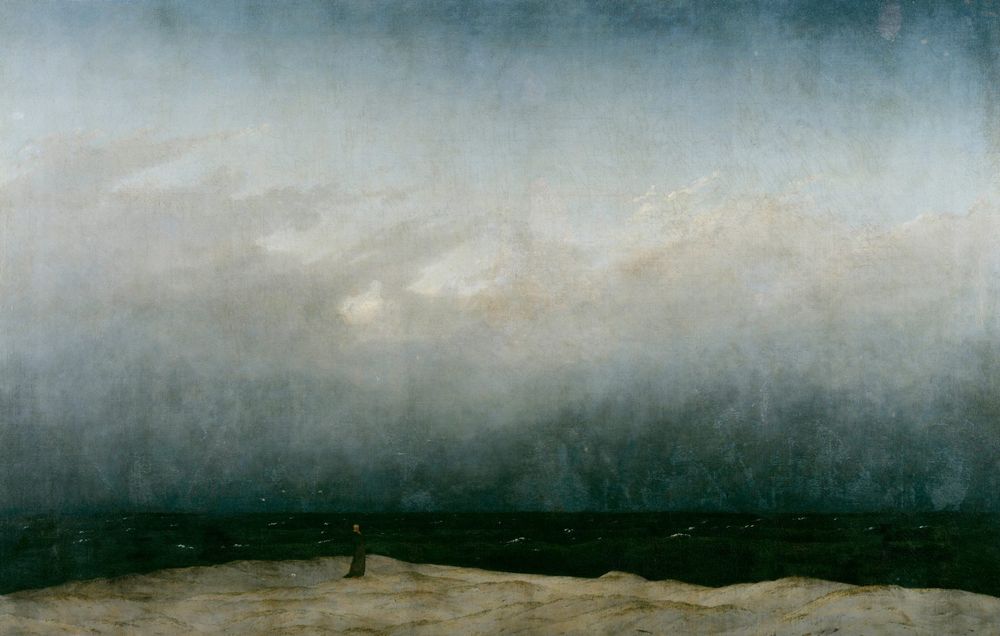 Solitary figure walking beneath stormy sky, painting, Caspar David Friedrich.
