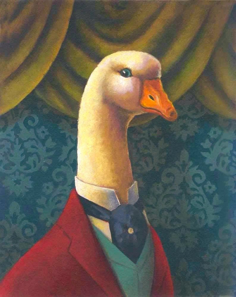 White goose portrait, head and shoulders, wearing a white shirt, navy blue cravat, turquoise waistcoat and red jacket, against a background of teal wallpaper with olive green drapery at the top, painting.