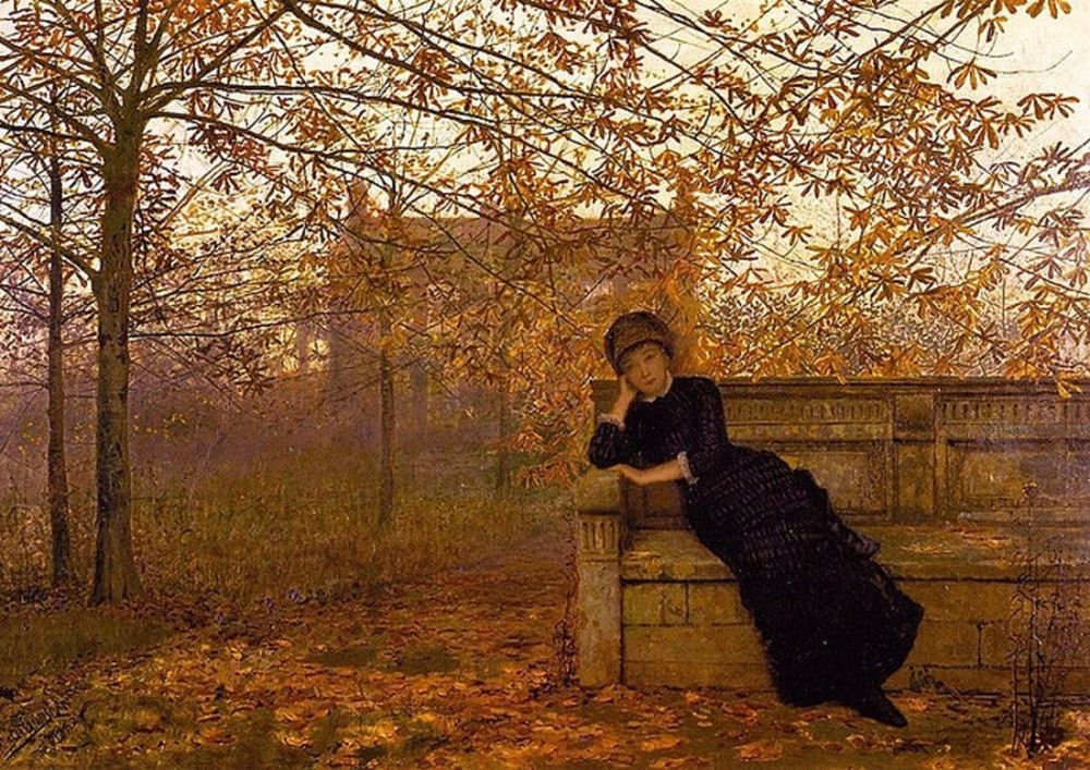 Painting. A woman in a black dress is leaning on a bench underneath an autumn tree. There's a house in the distance behind the trees. 