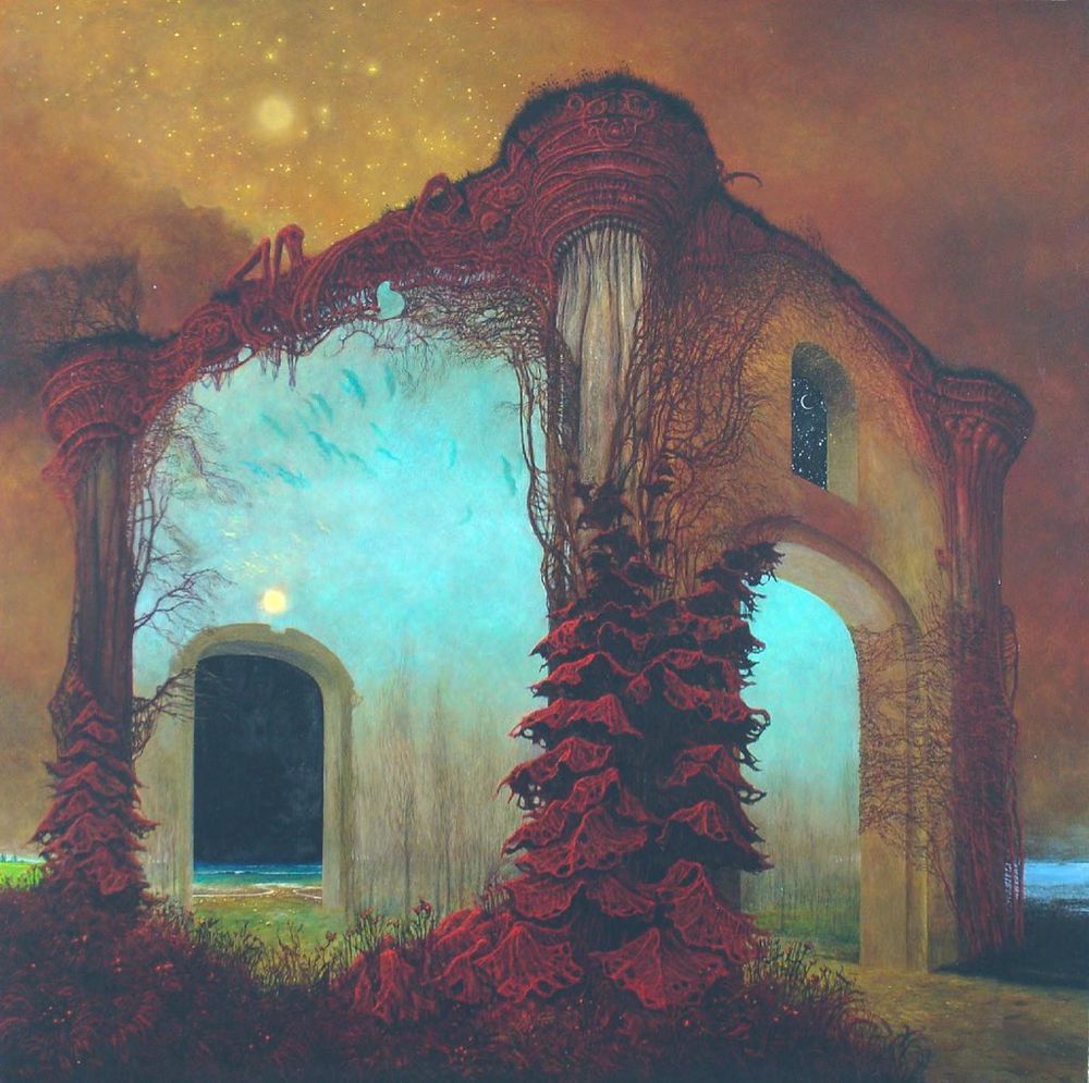 A painting of a decaying, skeletal architectural structure, resembling a ruined building or archway, set against a vast, desolate landscape under a yellowish, overcast sky.