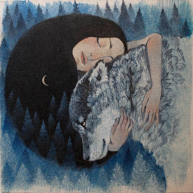 Artwork of a girl with long black hair embracing a wolf. Trees in the background. Blue, white colours.