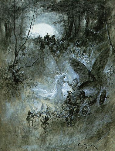 Artwork by Thomas Maybank. Seems to be a fairy queen stepping into her carriage. She's dressed in white. There's a troupe of little fairy folk who are painted darker than the queen. They're in a forest, dark background colours. The moon in the distance.