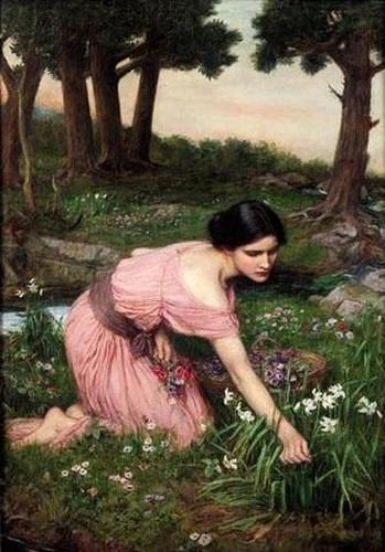 A young woman is depicted kneeling in a meadow / woodland with wildflowers. She is wearing a soft pink dress and is picking flowers. Painting.