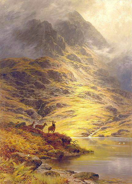 🖼️ The Incoming Mist, Deer in the Highlands. Charles. Stuart, c.1895-6. Painting as described.