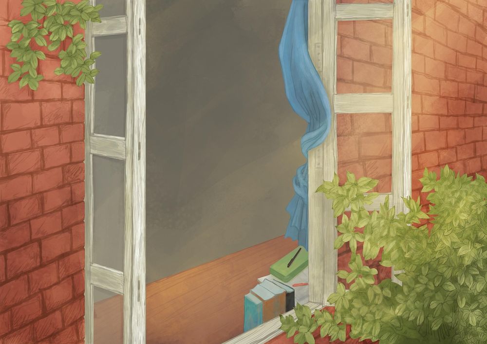 Painting of an open window and the wind playing with a curtain.