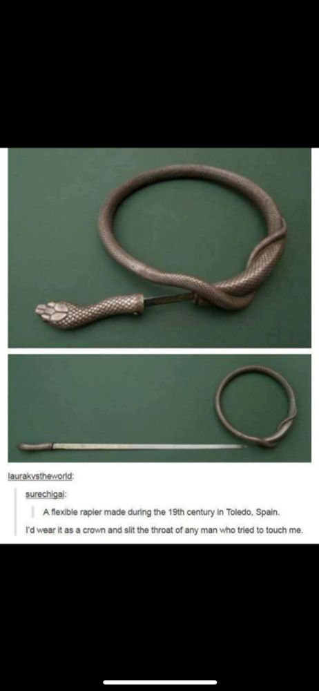 Caption says
A flexible rapier made during the 19th century in Toledo, Spain.
I'd wear it as a crown and slit the throat of any man who tried to touch me.