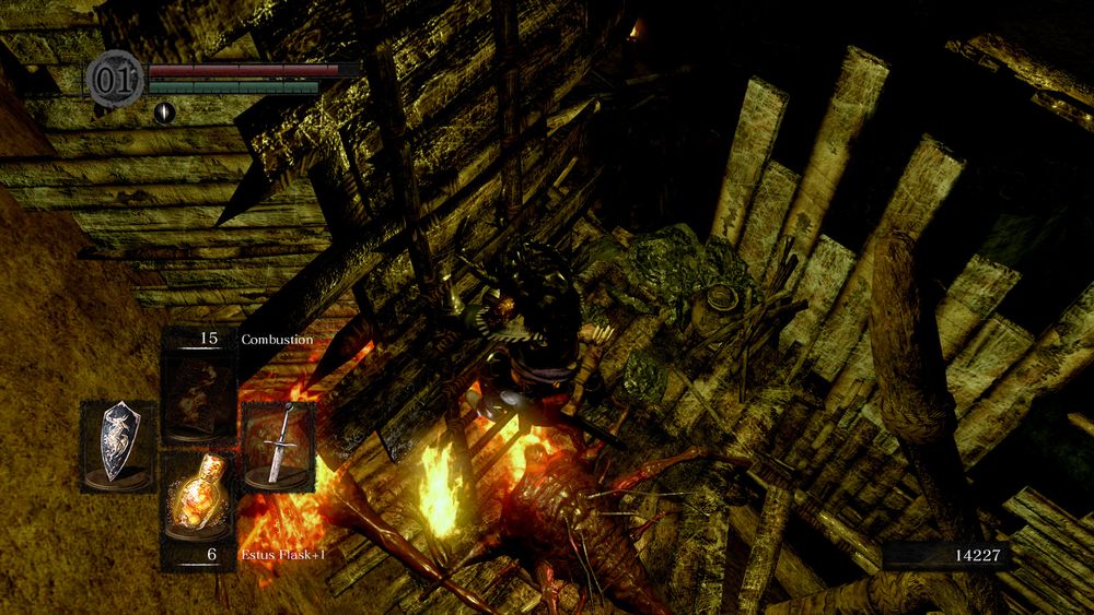 im on a ladder. two of the large bug enemies that breath fire are below me. i need to go down