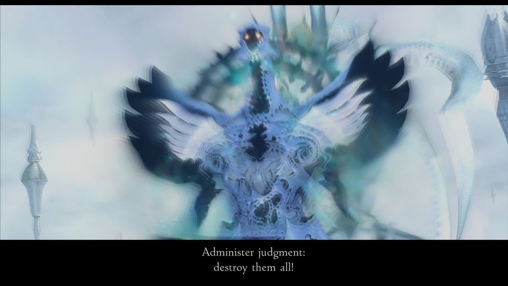 a scary inhuman angle thing that might be a god says to ashe: Administer judgement: destroy them all!