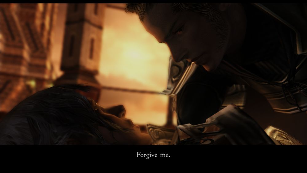 Gabranth lies atop Drace, their faces close and backlit by the evening sky.
"Forgive me," he whispers.