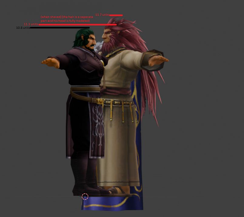 a height comparison of caineghis and giffca's radiant dawn models. caineghis' mouth is roughly at giffca's eye level.
giffca's height is 10.8 units. this is measured including his hair, so he's probably actually a little bit shorter.
caineghis' height without his hair (which is a separate submodel, and can be removed to see his fully-modeled head beneath) is 11.1 units
caineghis' height with his hair is 11.7 units